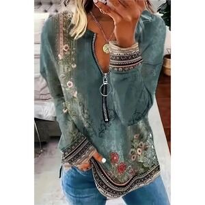 Flamingals Women's Teal Floral Print Quarter Zip Long Sleeve Top Size L